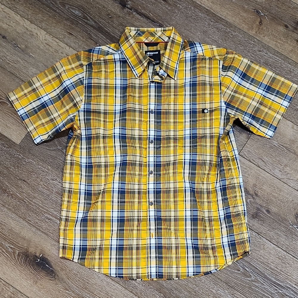 Marmot Yellow Blue Plaid Button Down Shirt Short Sleeve Outdoor Gorpcore Large